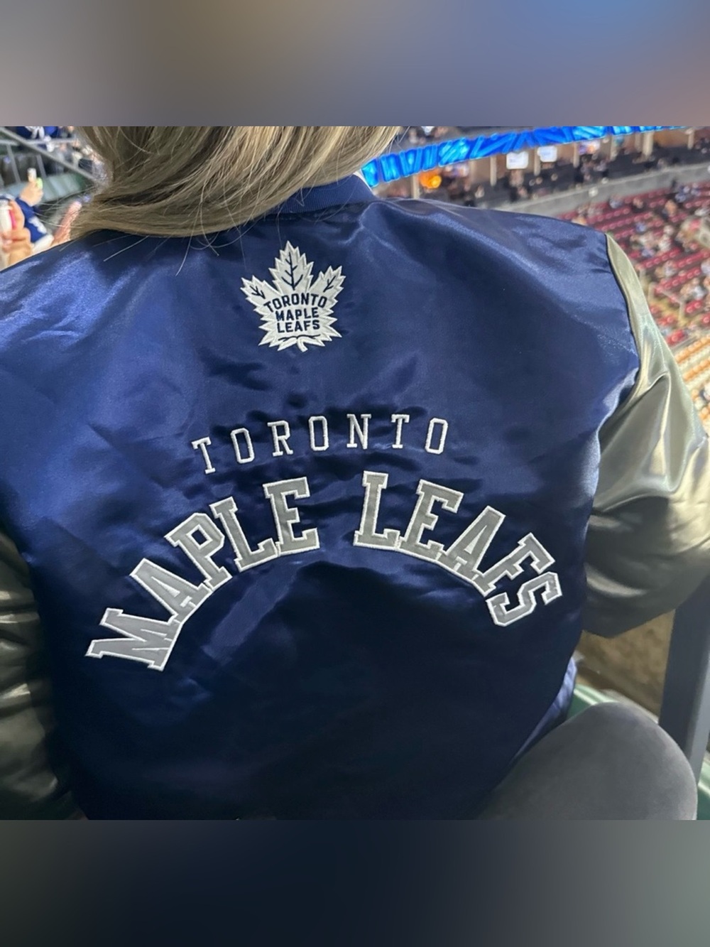 Mitchell & Ness Navy and Gray Toronto Maple Leafs Satin Bomber Jacket